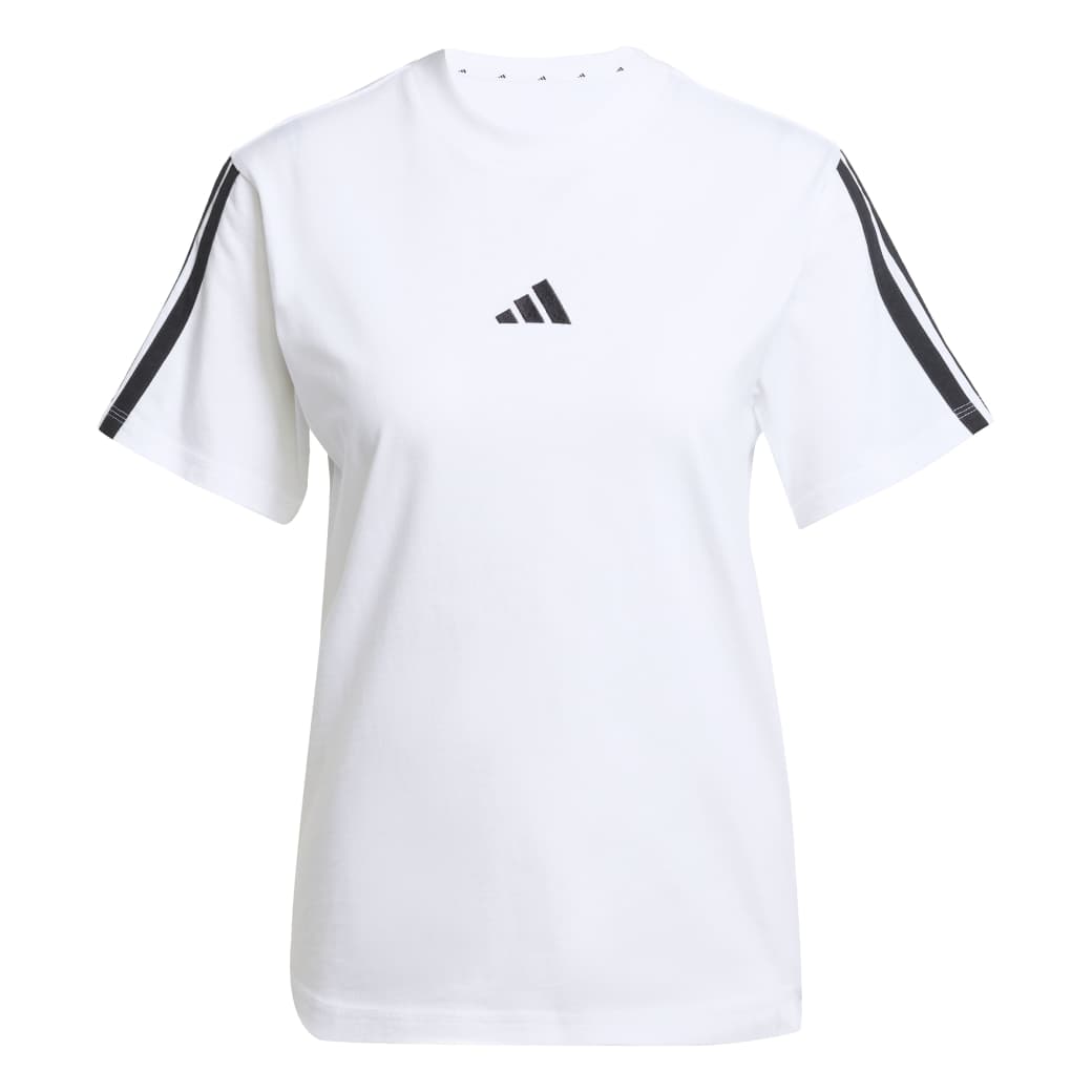 Camiseta feminina Adidas Essentials branca com listras pretas nos ombros vista frontal